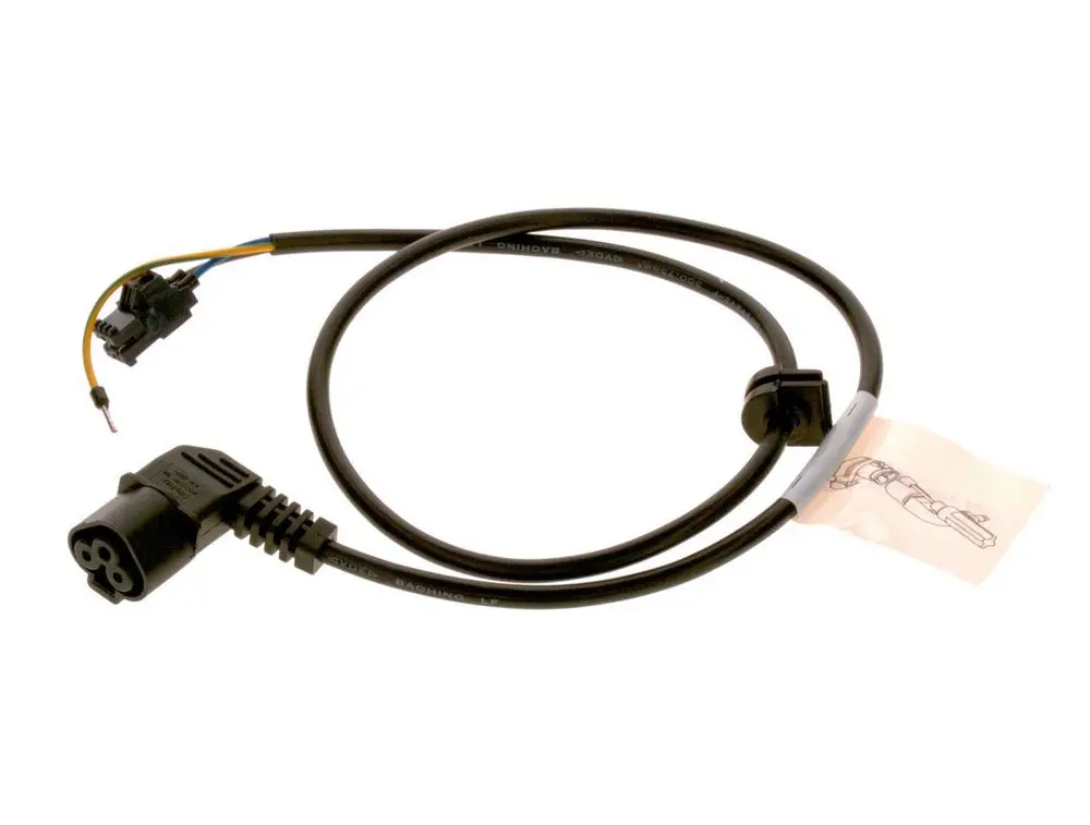 Kabel mit zwei Steckverbindern und mehreren Drähten, hergestellt von Bosch, vermutlich für eine Pumpe oder ähnliche Anwendung.